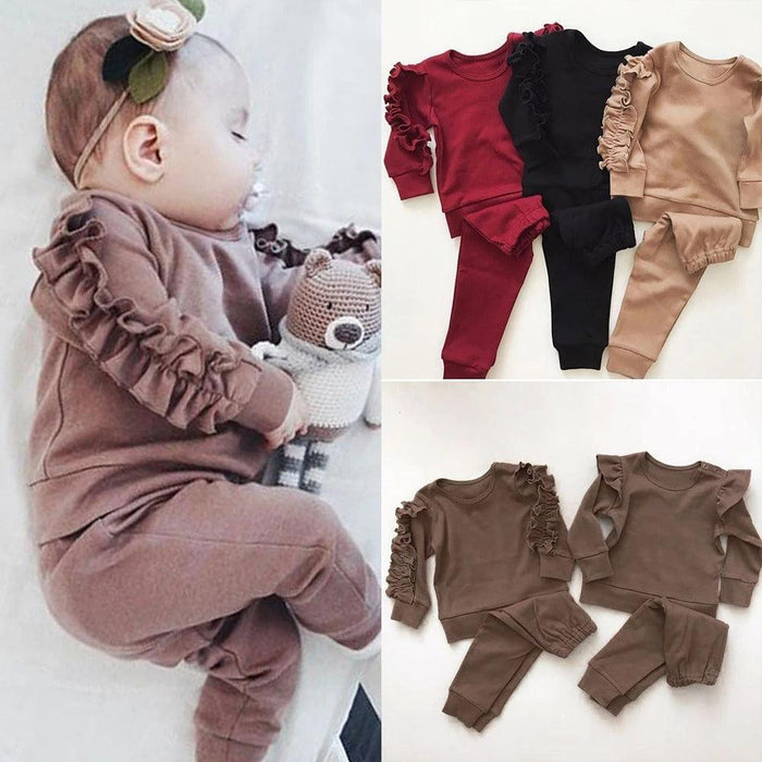 Newborn Baby Boys Girls Ruffles Jumper Solid Long Sleeve Sweatshirt & Pants 2Pcs Outfits Set – Fall Clothing - Smiling Sprouts